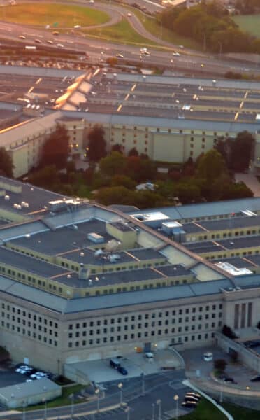 US pentagon building aerial view at sunset