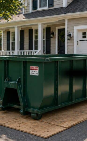 dumpster in front of house